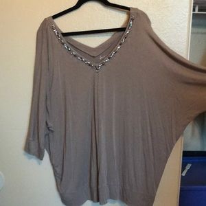 Taupe jeweled vneck top
